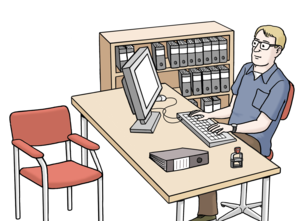 Die Zeichnung zeigt ein Büro in einer Verwaltung mit einem Mitarbeiter.