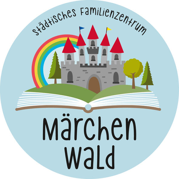 Das Bild zeigt das Logo des Städtischen Familienzentrums Märchenwald. Es zeigt ein Schloss im Wald vor einem Regenbogen. Davor liegt ein aufgeschlagenes Märchenbuch.