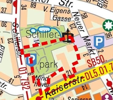 Ausschnitt aus der amtlichen Stadtkarte des Kreises Mettmann mit Abgrenzung des Plangebietes des Bebauungsplans Nummer 200 "Neues Rathaus zwischen Kaiserstraße, Schillerstraße, Schillerpark und Neuer Markt