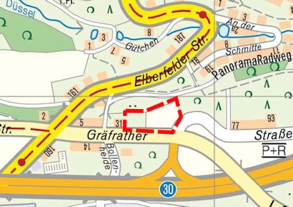 Ausschnitt aus der amtlichen Stadtkarte des Kreises Mettmann mit Abgrenzung des Plangebietes des Bebauungsplans Nummer 178 "Nördliche Gräfrather Straße" nördlich der Autobahnabfahrt "Haan-Ost".